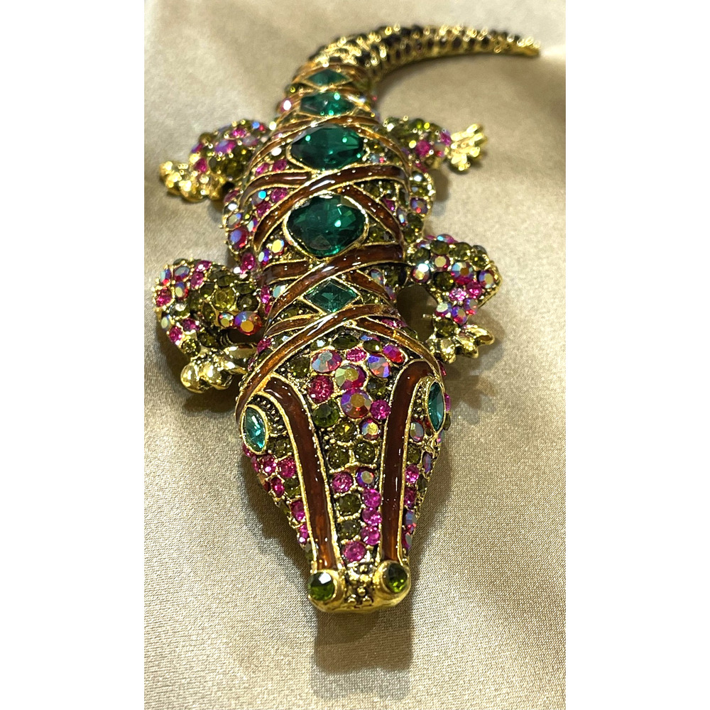 NWOT HUGE Alligator Brooch Pin Gold Tone Rhinestone Unisex Lapel Shoulder Jacket